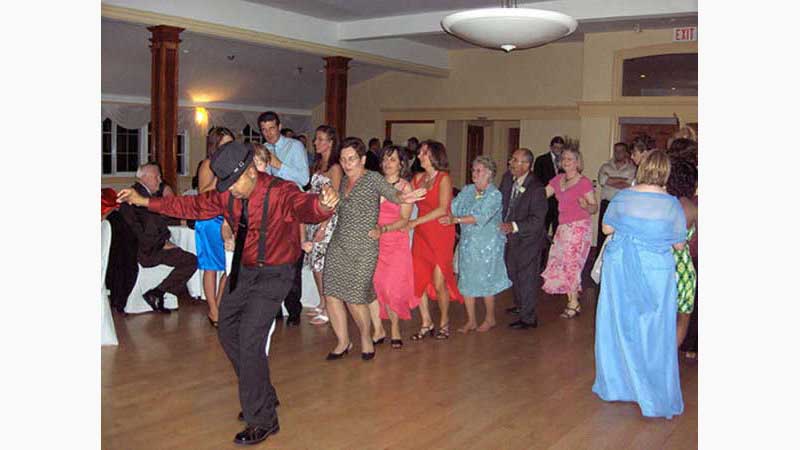 From wedding 4, DJ Ancaster, Large conga line being led by a man in a black hat. Taken in Ancaster Ontario